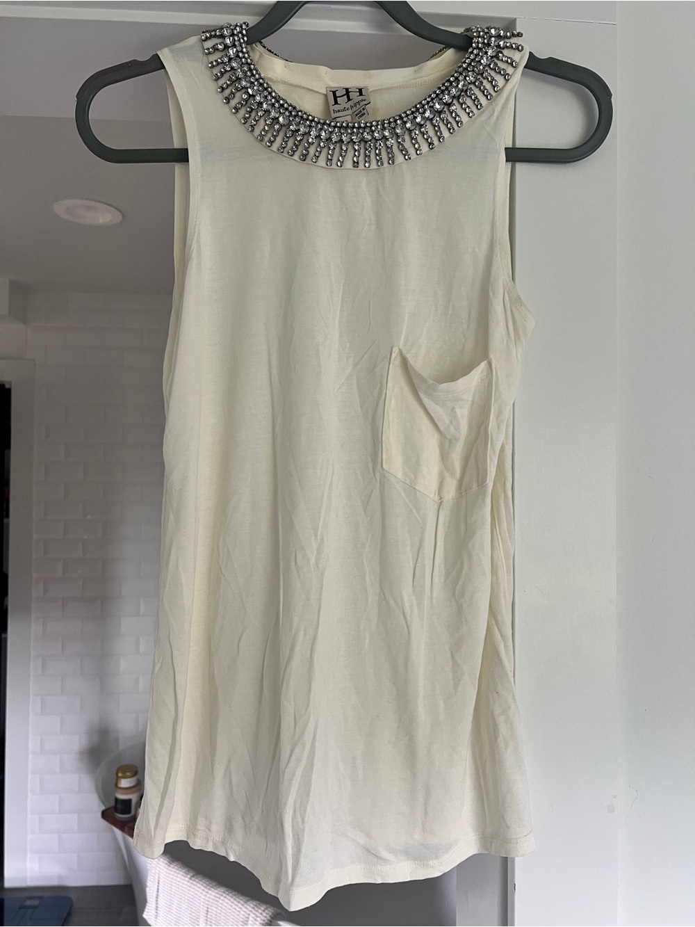 Vintage Haute Hippie Beaded Neck Cream Sleeveless Top (removable collar)